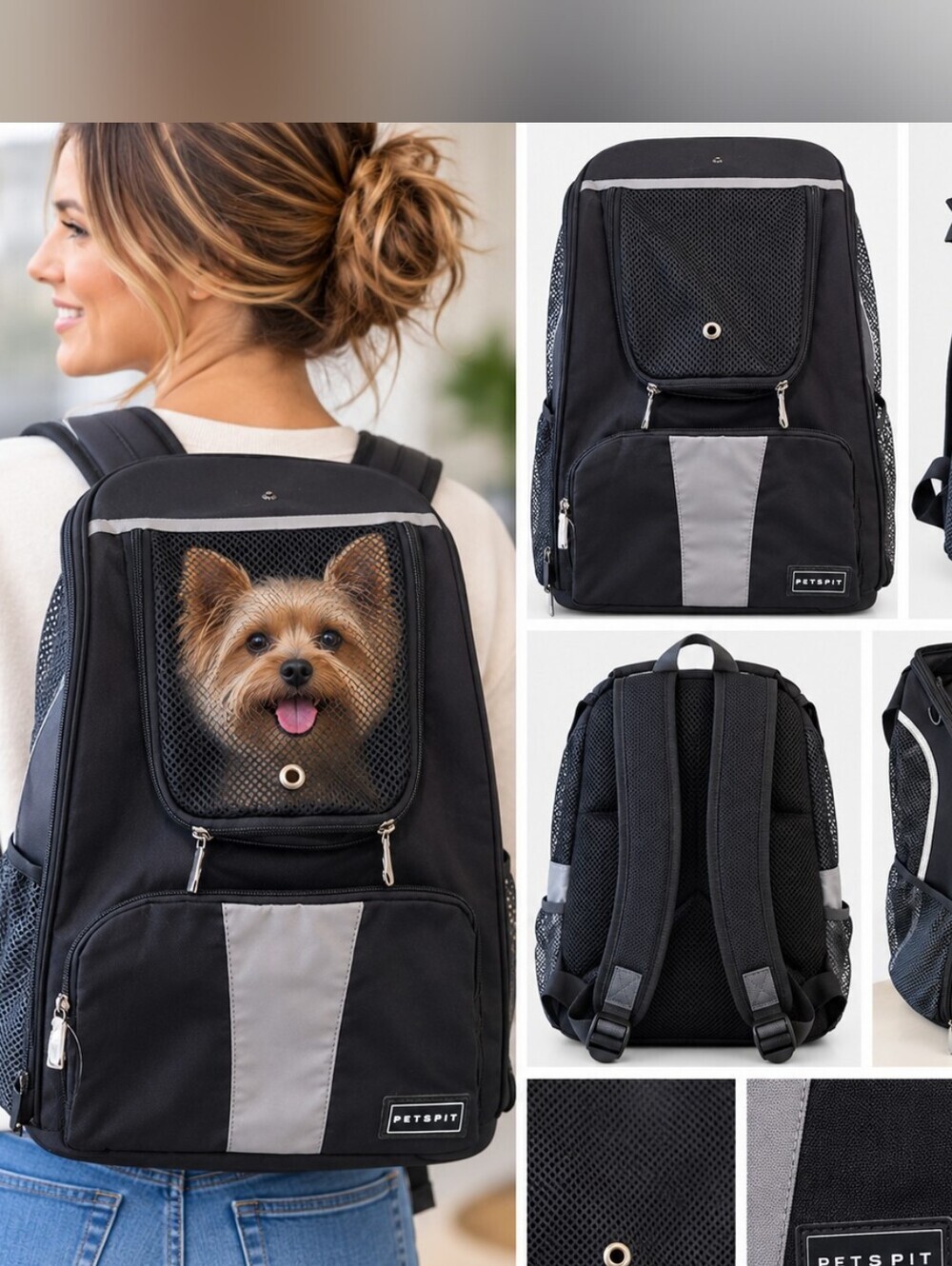 Petsfit Black and Gray Pet Carrier Backpack